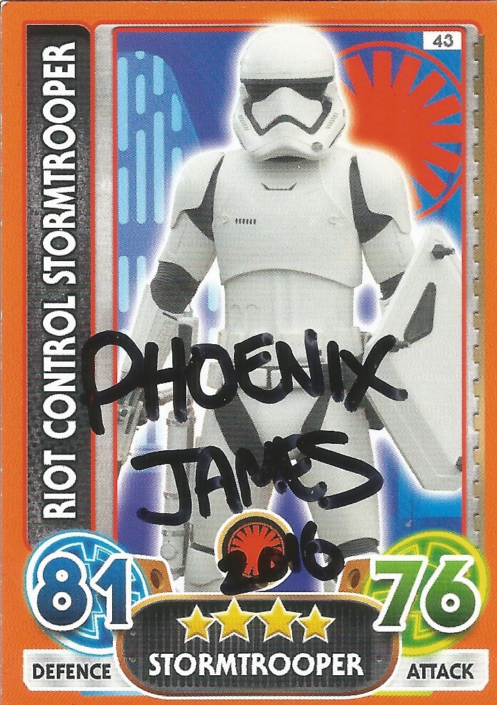 Phoenix James signed Star Wars trading card. James is an English actor who played a Stormtrooper