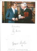 Roger Moore and Desmond Llewelyn Handsigned Signature pieces attached to A4 sheet of paper with a