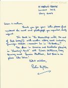 Actor Peter Byrne signed handwritten letter advising his current work commitments. Peter James Byrne