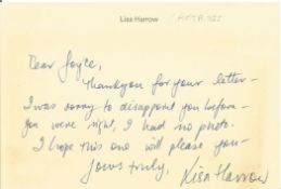 Actress Lisa Harrow, handwritten postcard apologising for being unable to send a signed