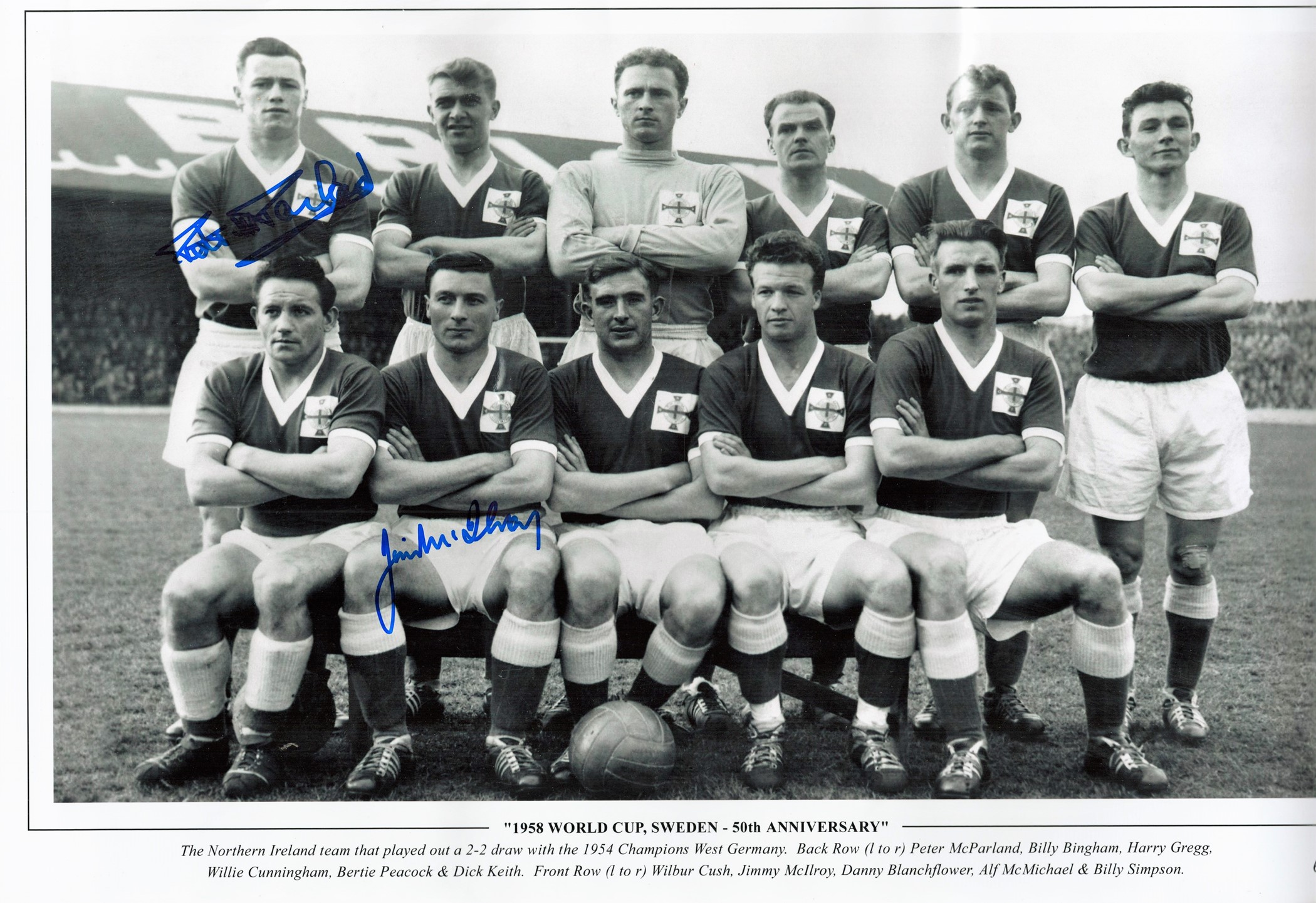 Football. Northern Ireland. Peter McPartland and Jimmy McIlroy Signed 18x12 black and white photo.