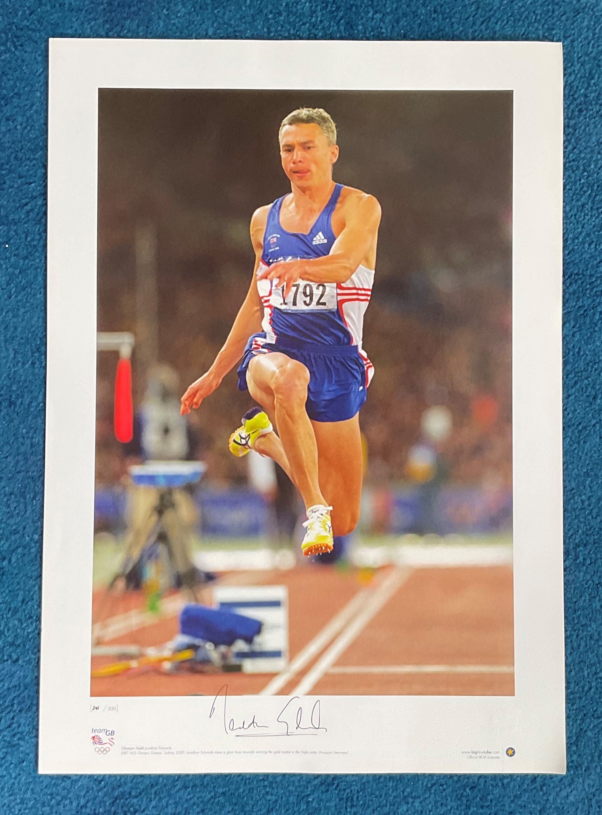 Jonathan Edwards signed 22x16 Team GB Olympic Gold Big Blue Tube Print Olympic Games Sydney 2000