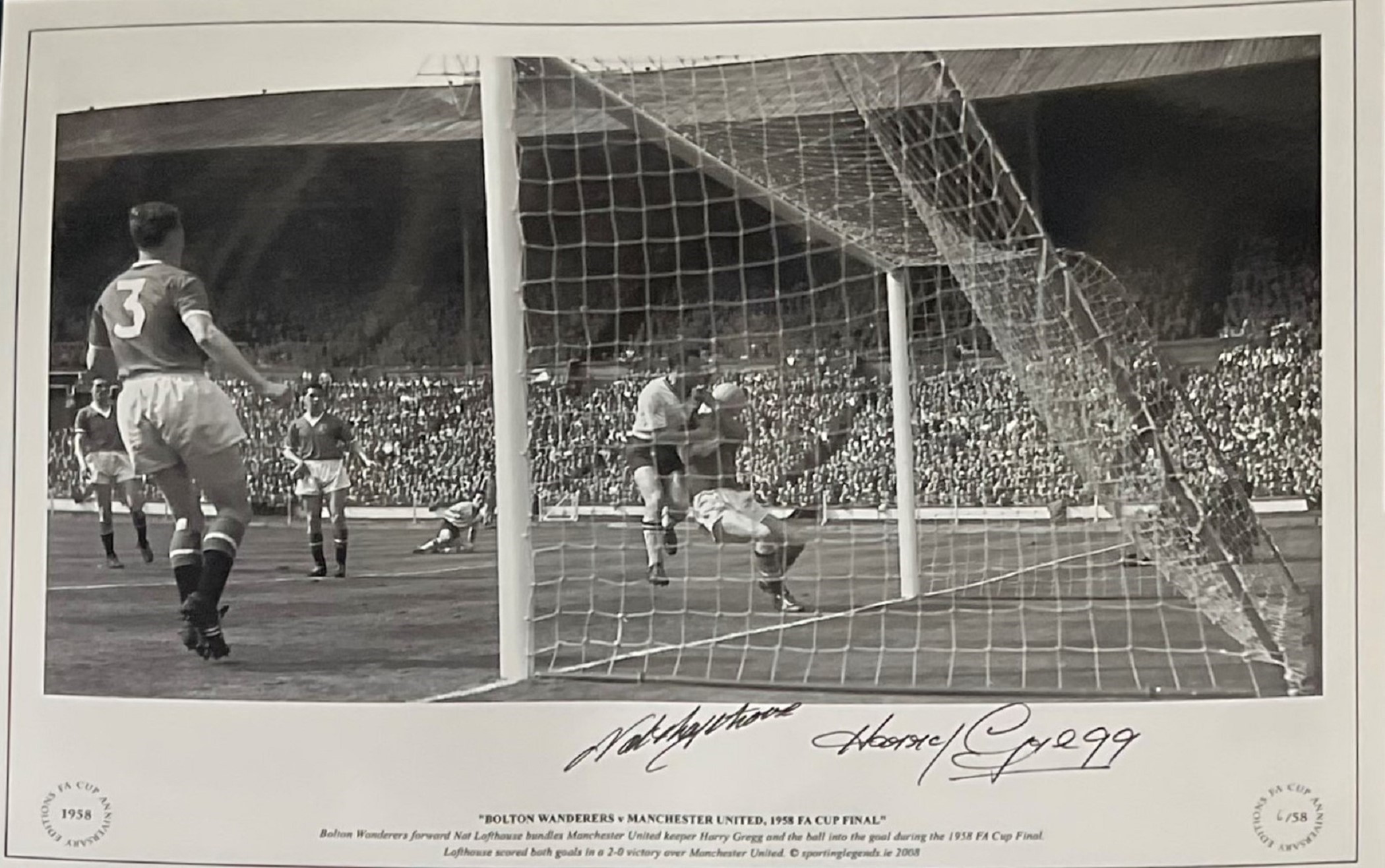Nat Lofthouse and Harry Gregg signed Bolton Wanderers v Manchester United 1958 FA Cup Final 16x12