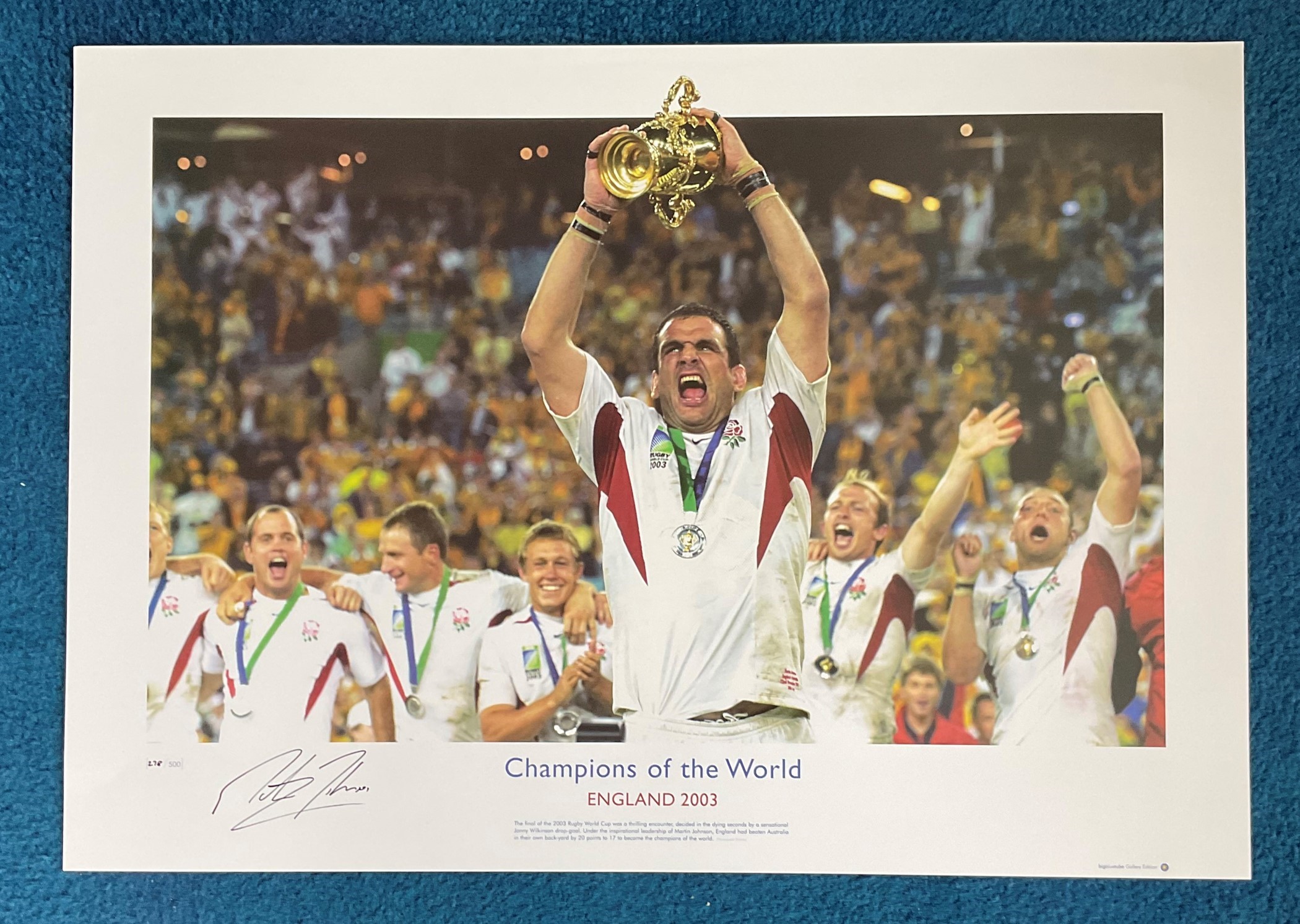 Martin Johnson signed 22x16 Champions of the World England 2003 Big Blue Tube print limited