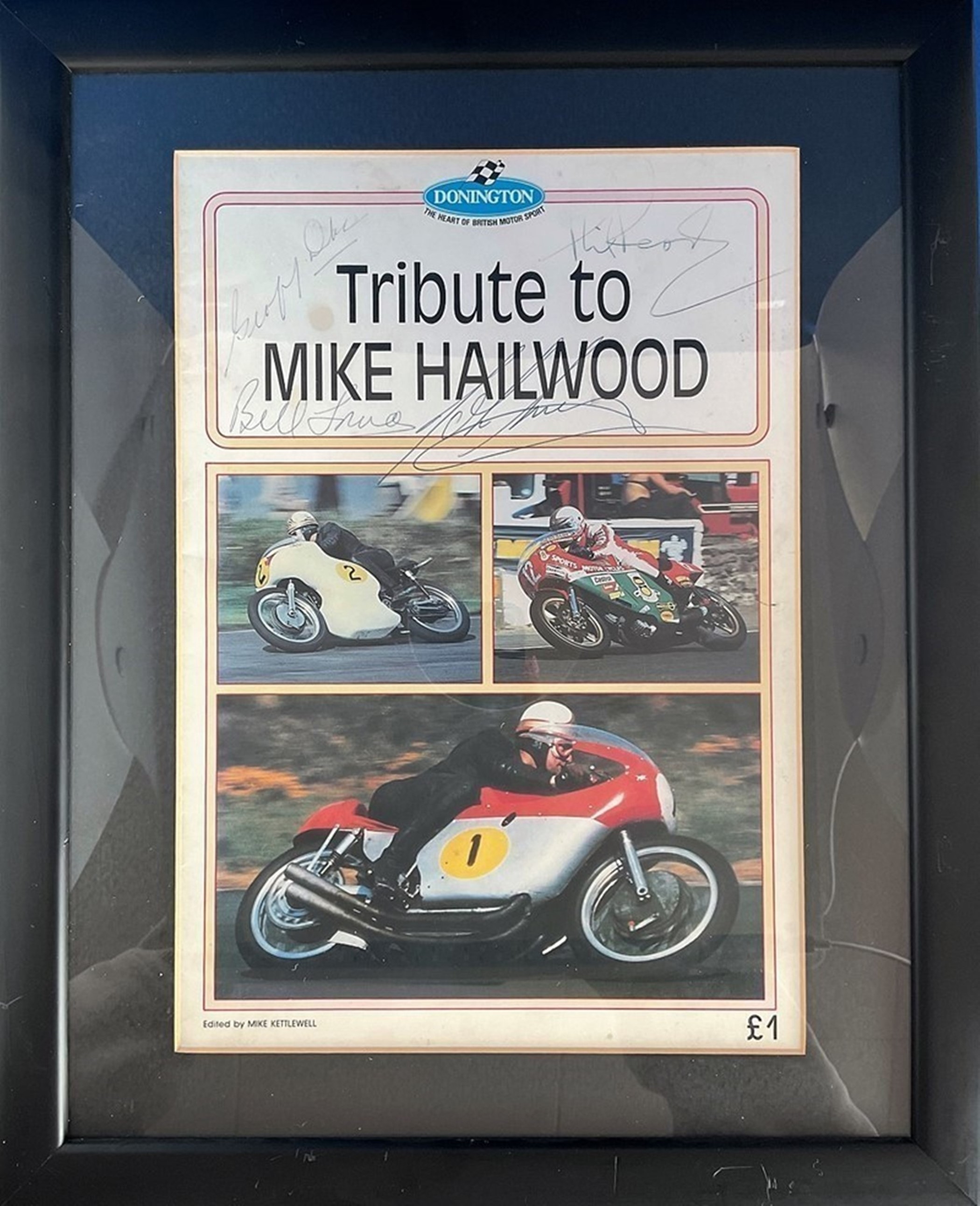 Motor Cycling Donnington Tribute to Mike Hailwood 16x12 mounted and framed vintage programme cover