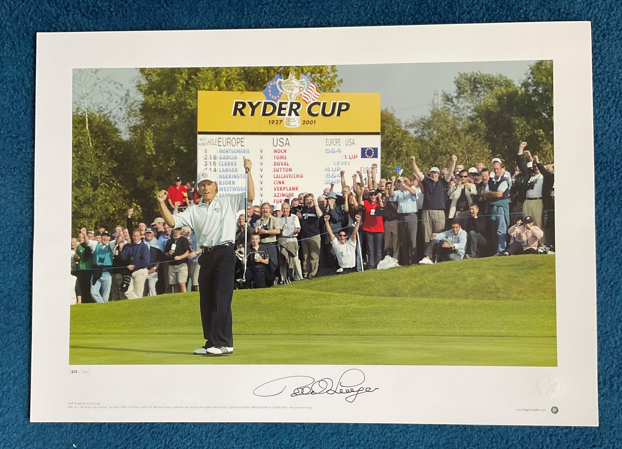 Bernhard Langer signed 22x16 Golf Greats Big Blue Tube colour print Ryder Cup matches The Belfry