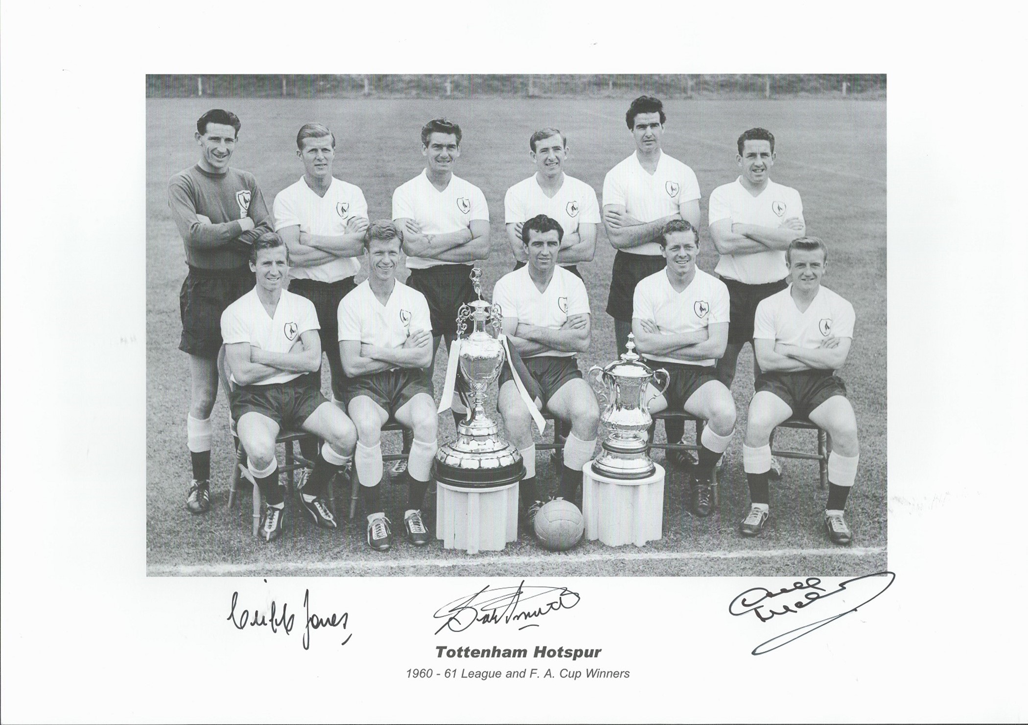 Cliff Jones, Bobby Smith and Dave Mackay signed 16x12 Tottenham Hotspur 1960 61 League and F. A