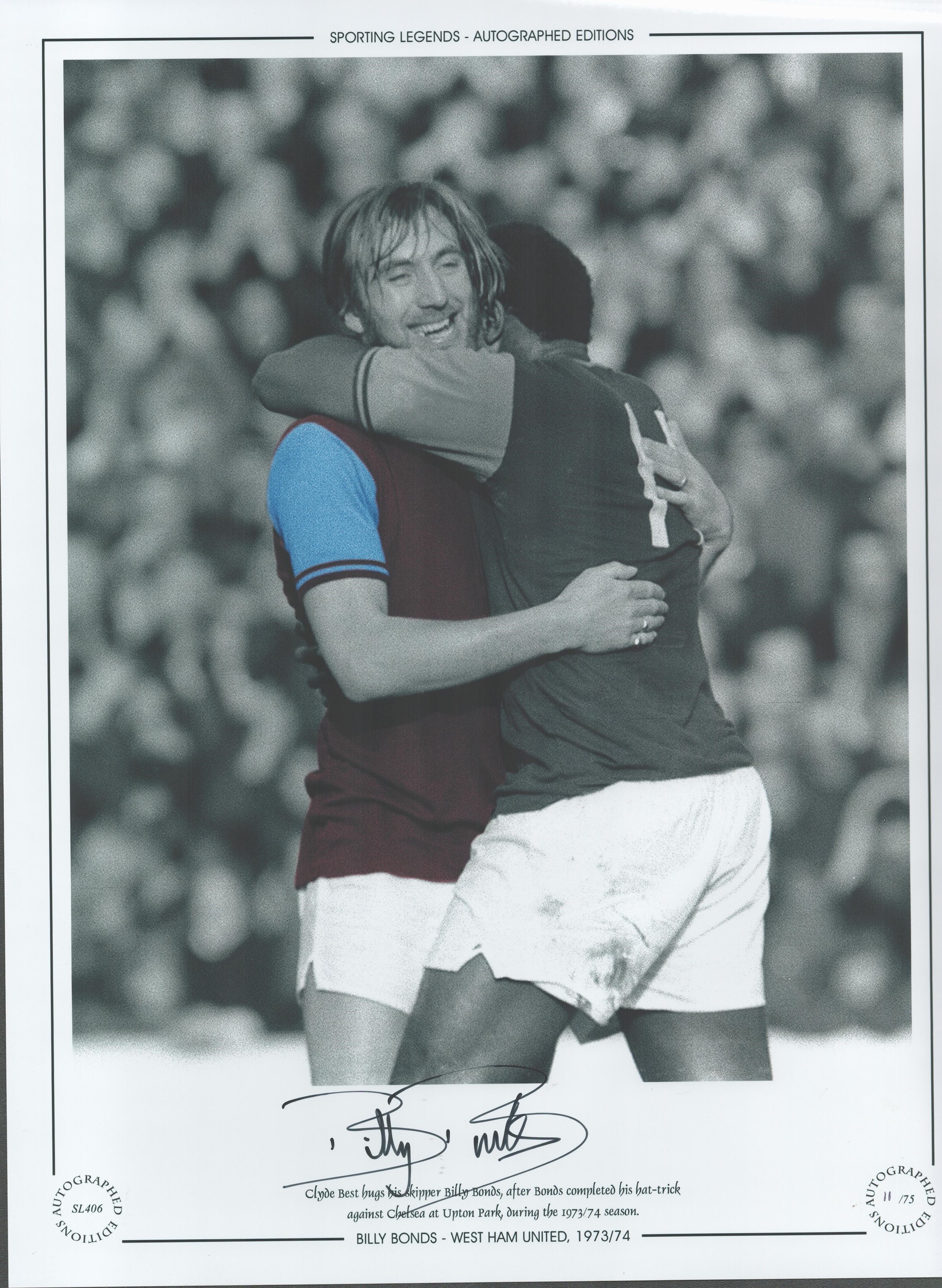 Billy Bonds 16x12 handsigned colourised, Black and white photo, Autographed Editions, Limited