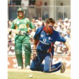 Cricket. Ashley Giles Signed 10x8 colour photo. Photo shows Giles on his knees during an England