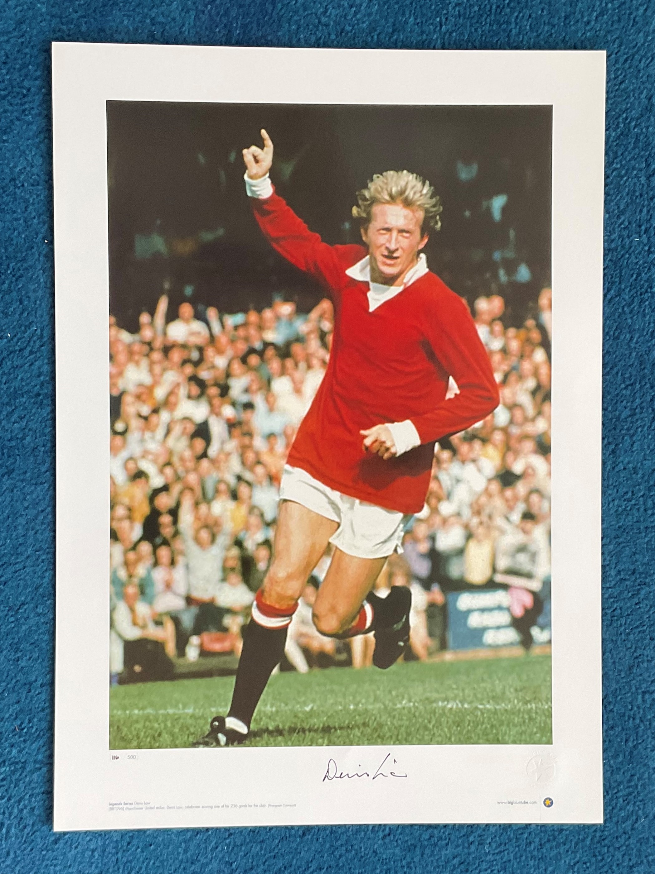 Denis Law signed 22x16 Big Blue Tube Legends Series print pictures Denis Law celebrating one of