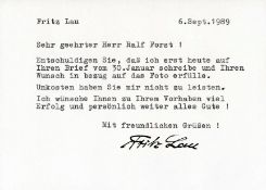 WW2 Luftwaffe nightfighter ace Fritz Lau signed white card with typed note in German. . Good