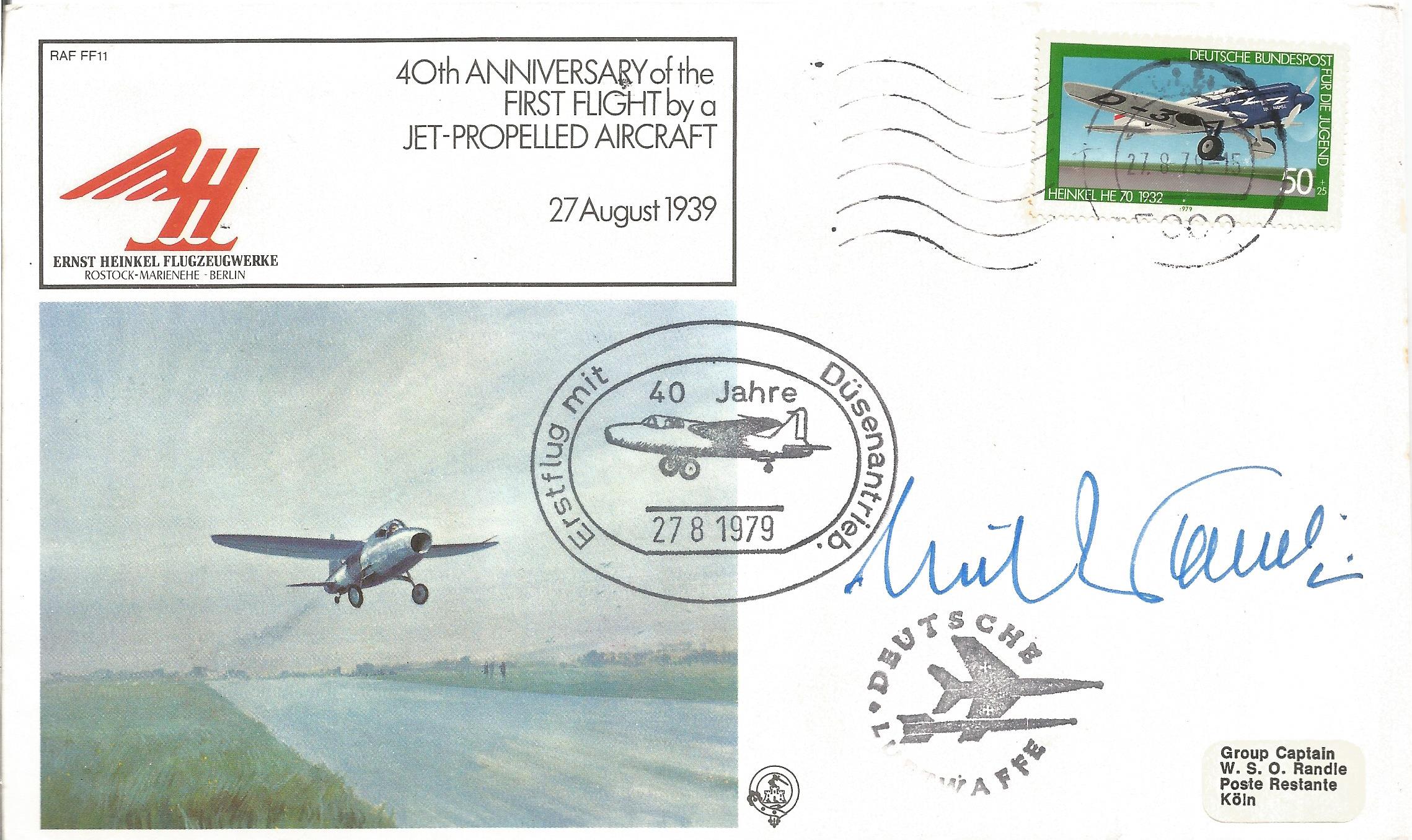 1st Jet pilot Erich Warsitz signed first flight RAF cover. Postmarked 27. 8. 79 with German Stamp.