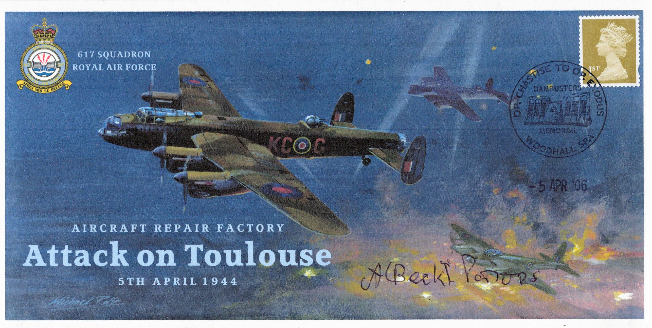 WW2 Dambuster Sqn A Beck Parsons signed Unflown FDC 617 Squadron RAF Attack on Toulouse Aircraft