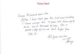 Artist Tony Hart handwritten note with printed Donkey drawing with added inscription. Good condition