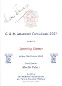 Football Martin Peters signed Sporting Dinner Menu dated 29th October 2004. Good condition Est.
