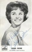 Carol Deene signed 6x4 Official 'His Masters voice Records' black and white photo. Signed in blue