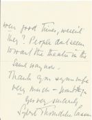 Dame Sybil Thorndike hand written letter 1950 thanks for kind letter. Good condition Est.