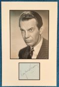 Raymond Massey signature piece mounted with unsigned photo, to an overall size of 16 x 12 inches.