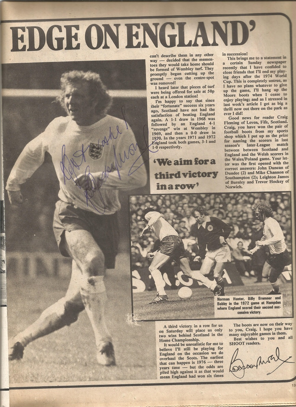 BOBBY MOORE 1941 1993 signed Twice in 1973 Shoot Magazine also signed by Gordon Banks 1937 2019, - Image 3 of 3