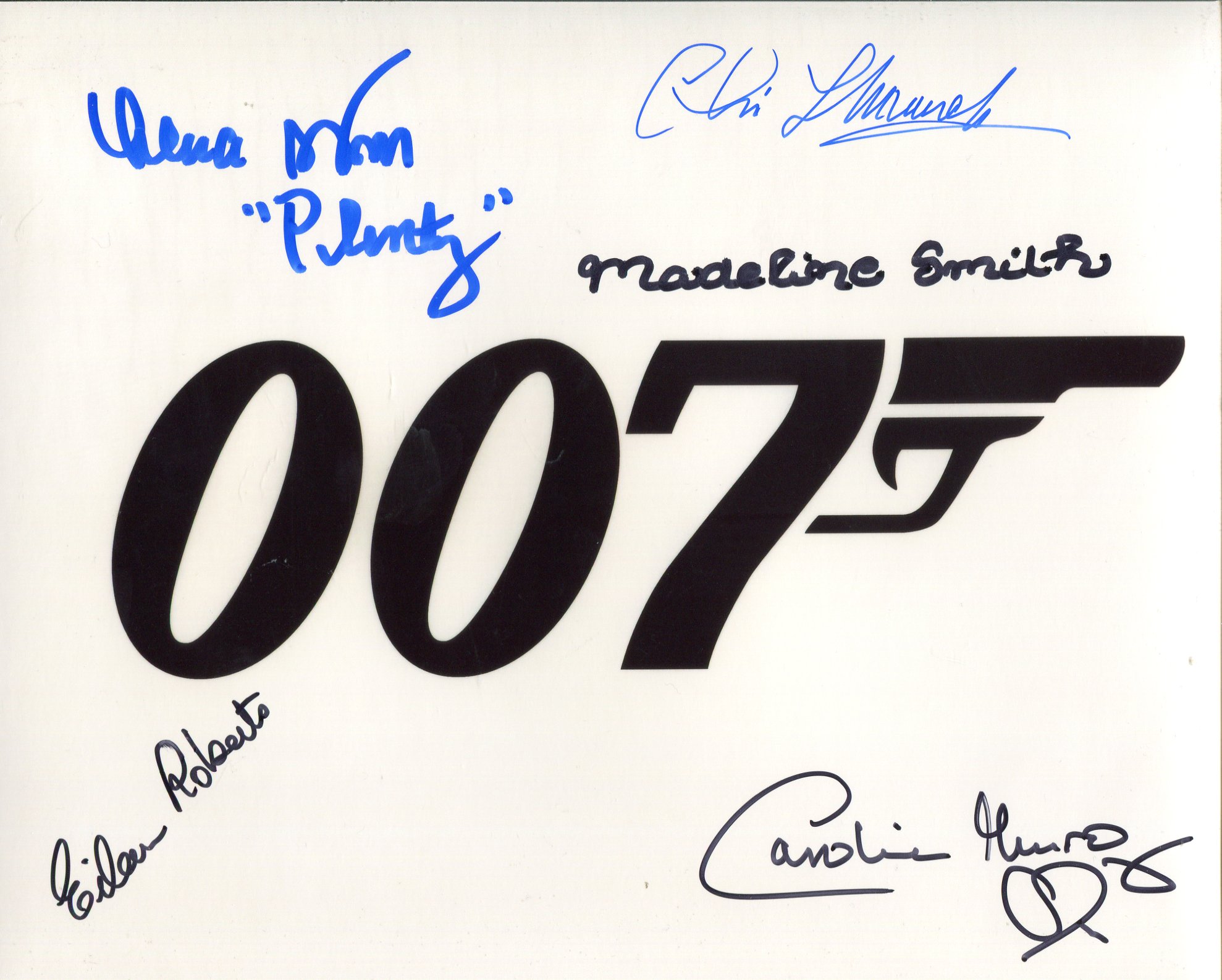 007 James Bond photo signed by FIVE stars who appeared in a Bond movie, these are Madeline Smith,