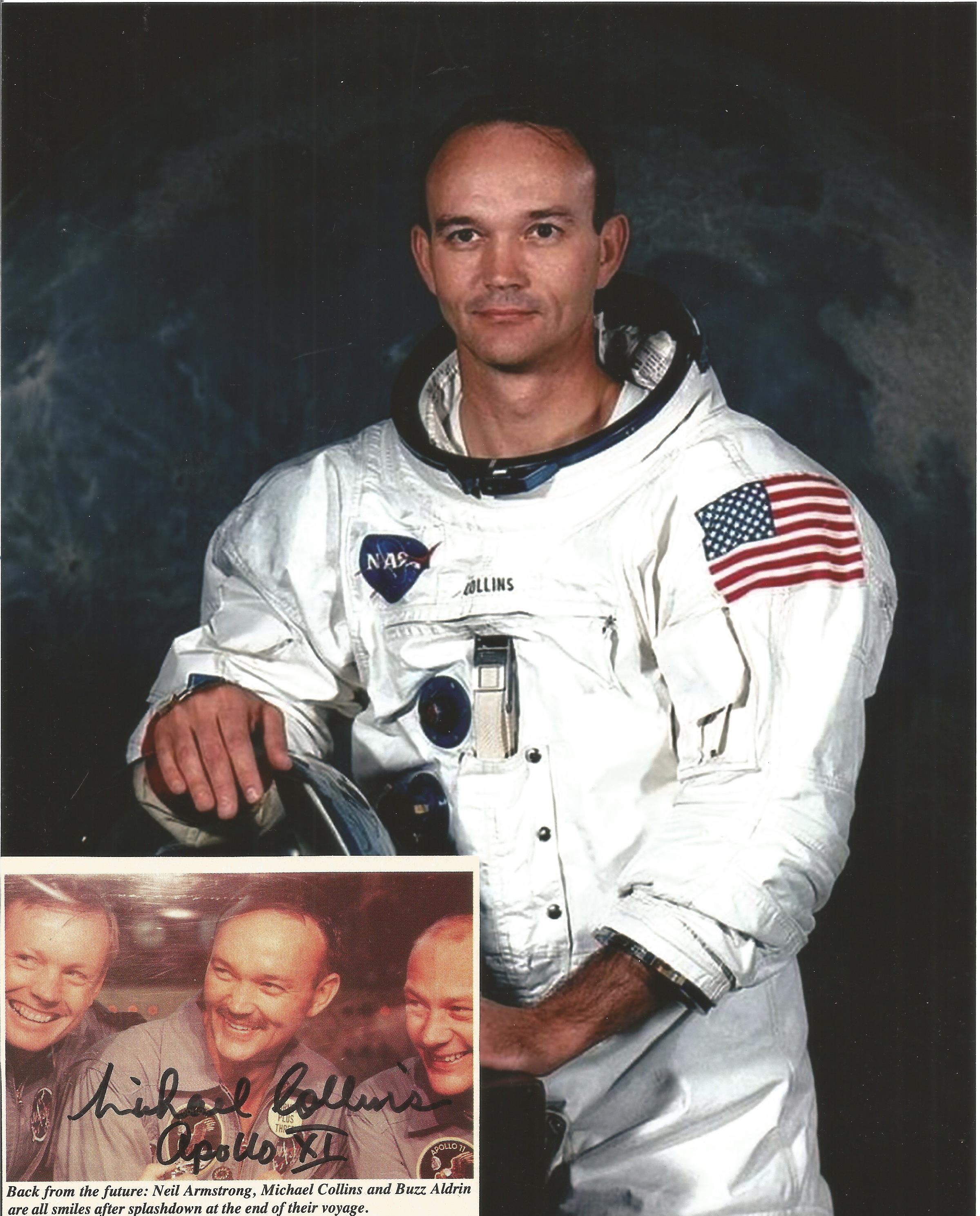 Michael Collins signed small colour magazine photo, along with 10x8 colour unsigned spacesuit photo.