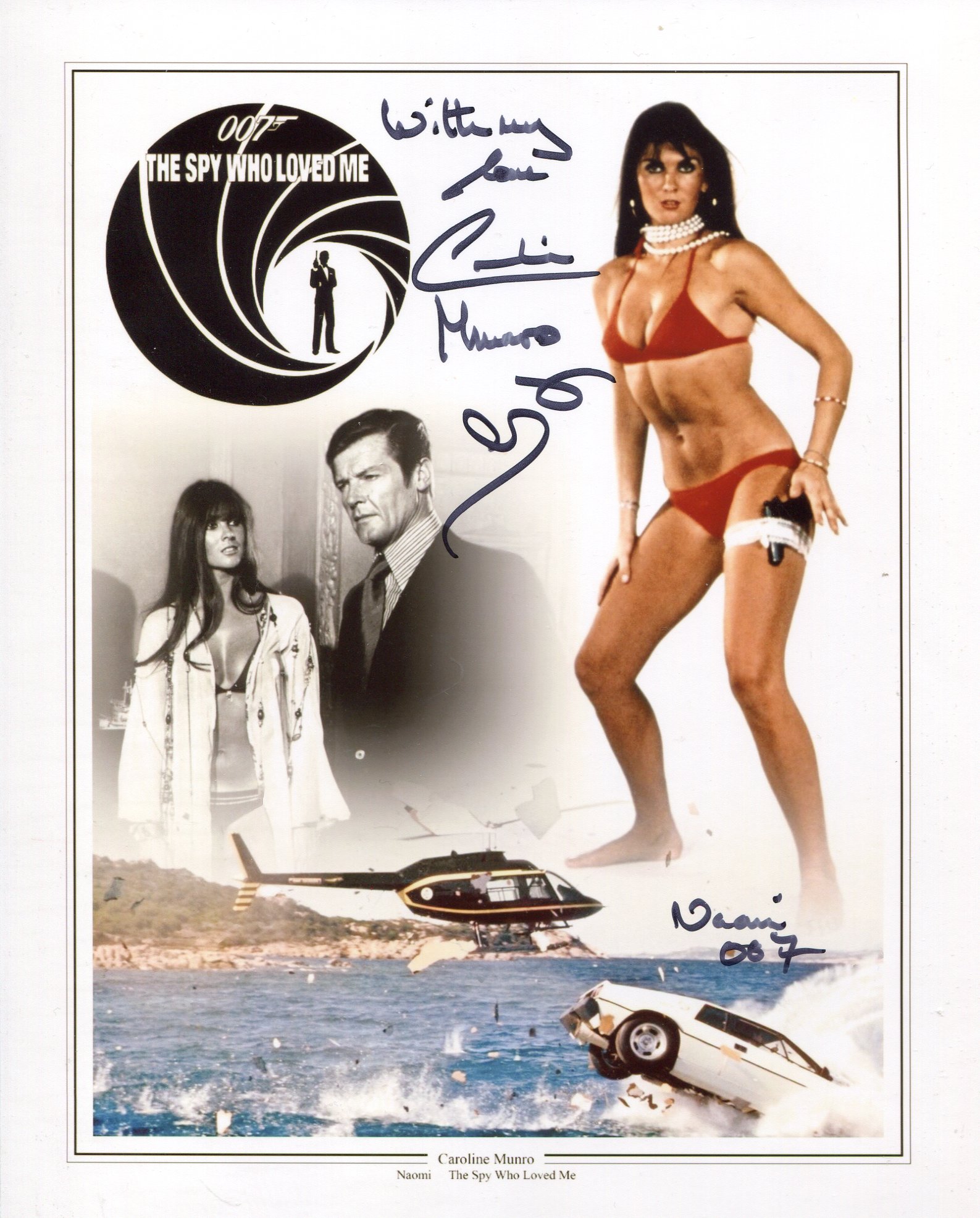 007 James Bond 8x10 The Spy Who Loved Me montage photo signed by Caroline Munro. Good condition