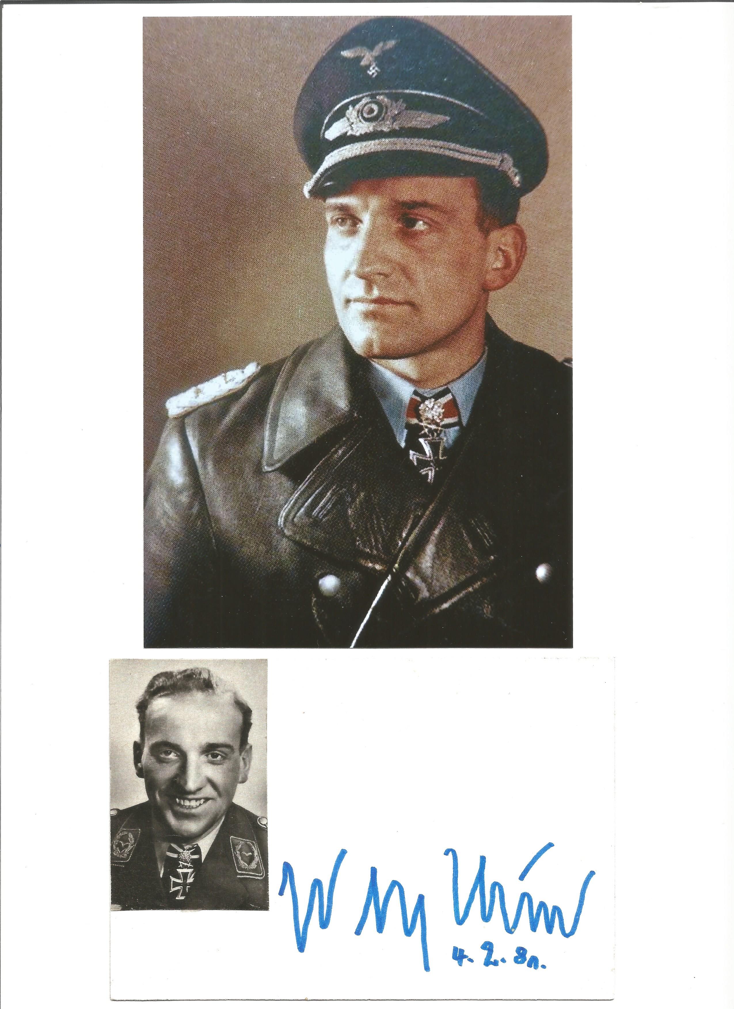WW2 Luftwaffe ace Hans Ulrich Rudel signed card mounted to 10 x 8 with couple of unsigned photos.