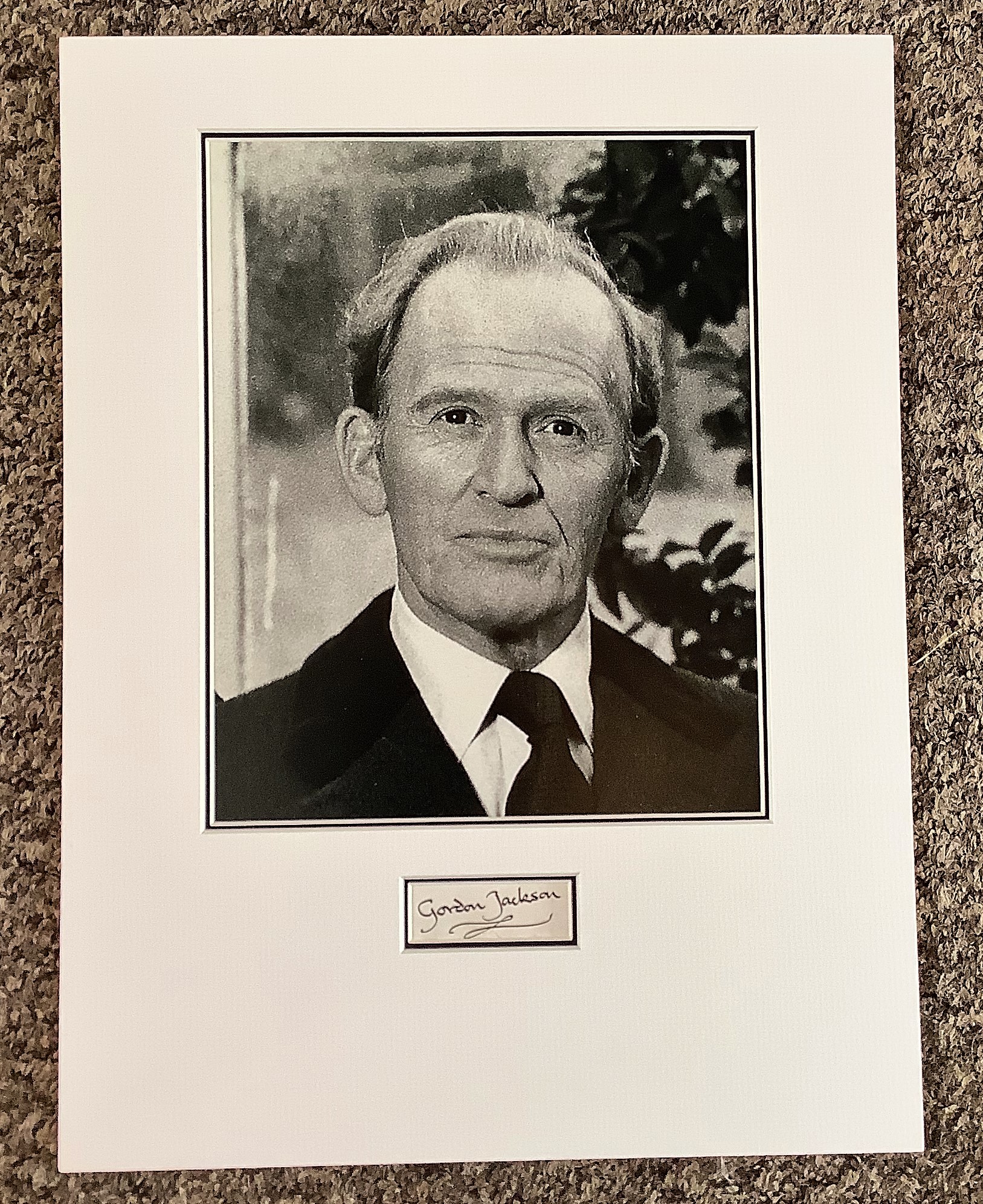 Gordon Jackson 16x12 approx mounted signature piece includes signed album page and a black and white