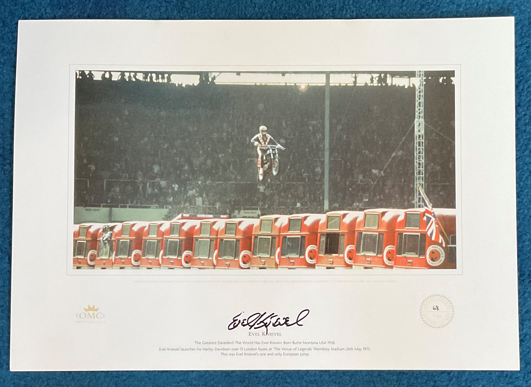Evel Knievel signed A3 colour lithograph print of his 1975 Wembley Stadium jump limited edition 68/