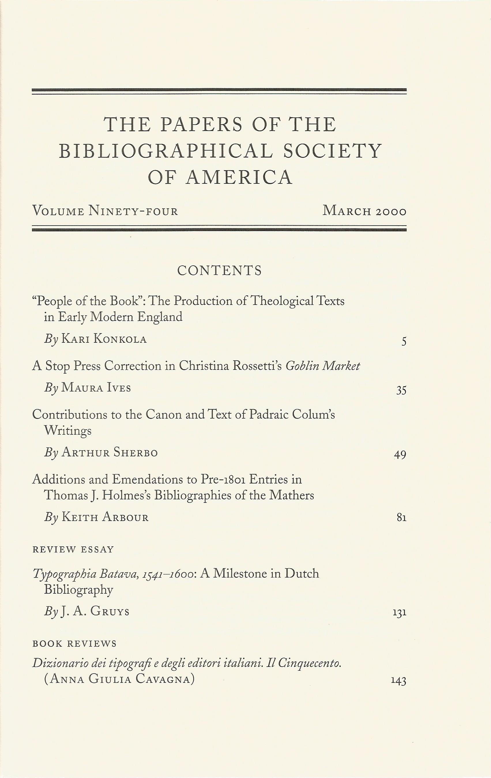 The Papers of The Bibliographical Society of America Volume 94 March 2000 Softback Book published by - Image 2 of 2