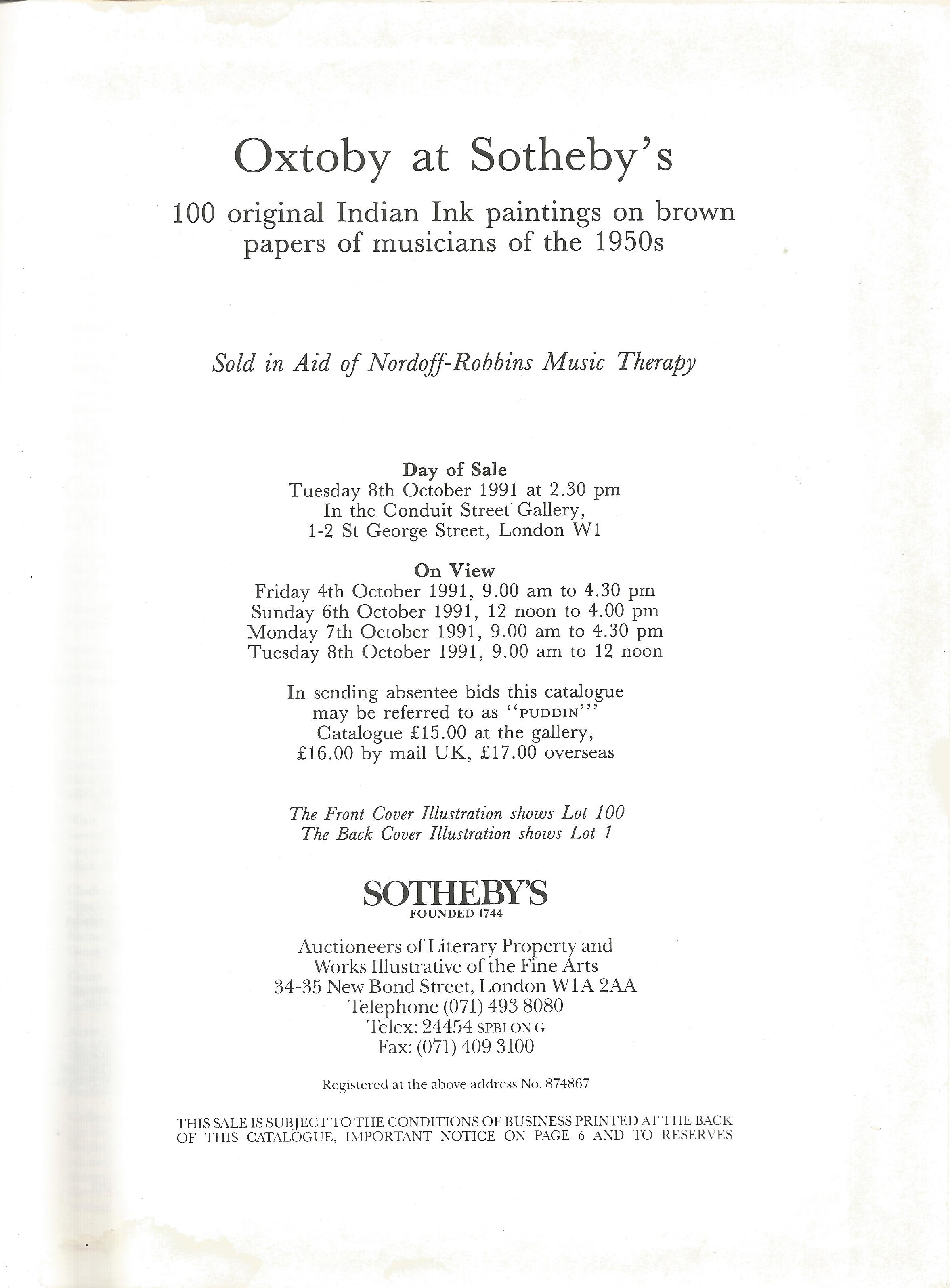 Oxtoby at Sotheby's 100 Indian Ink Paintings of Musicians of the 50s Softback Book 1991 printed by - Image 2 of 2