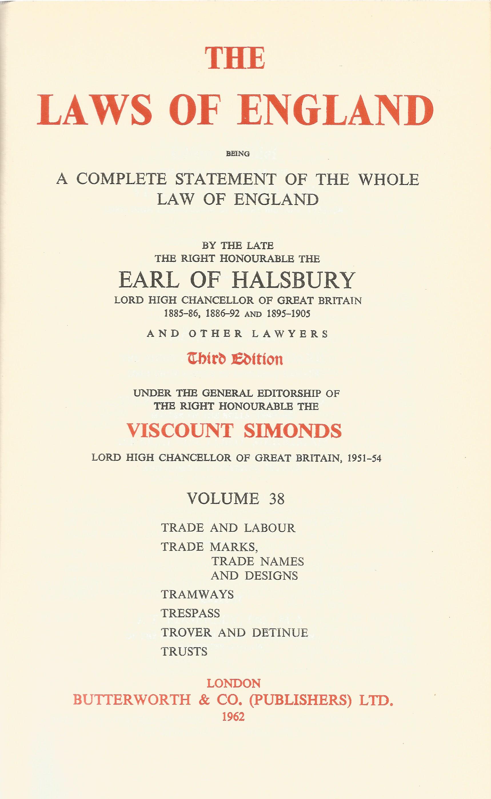 The Laws of England volume 38 by Earl of Halsbury Hardback Book 1962 Third Edition published by - Image 2 of 2