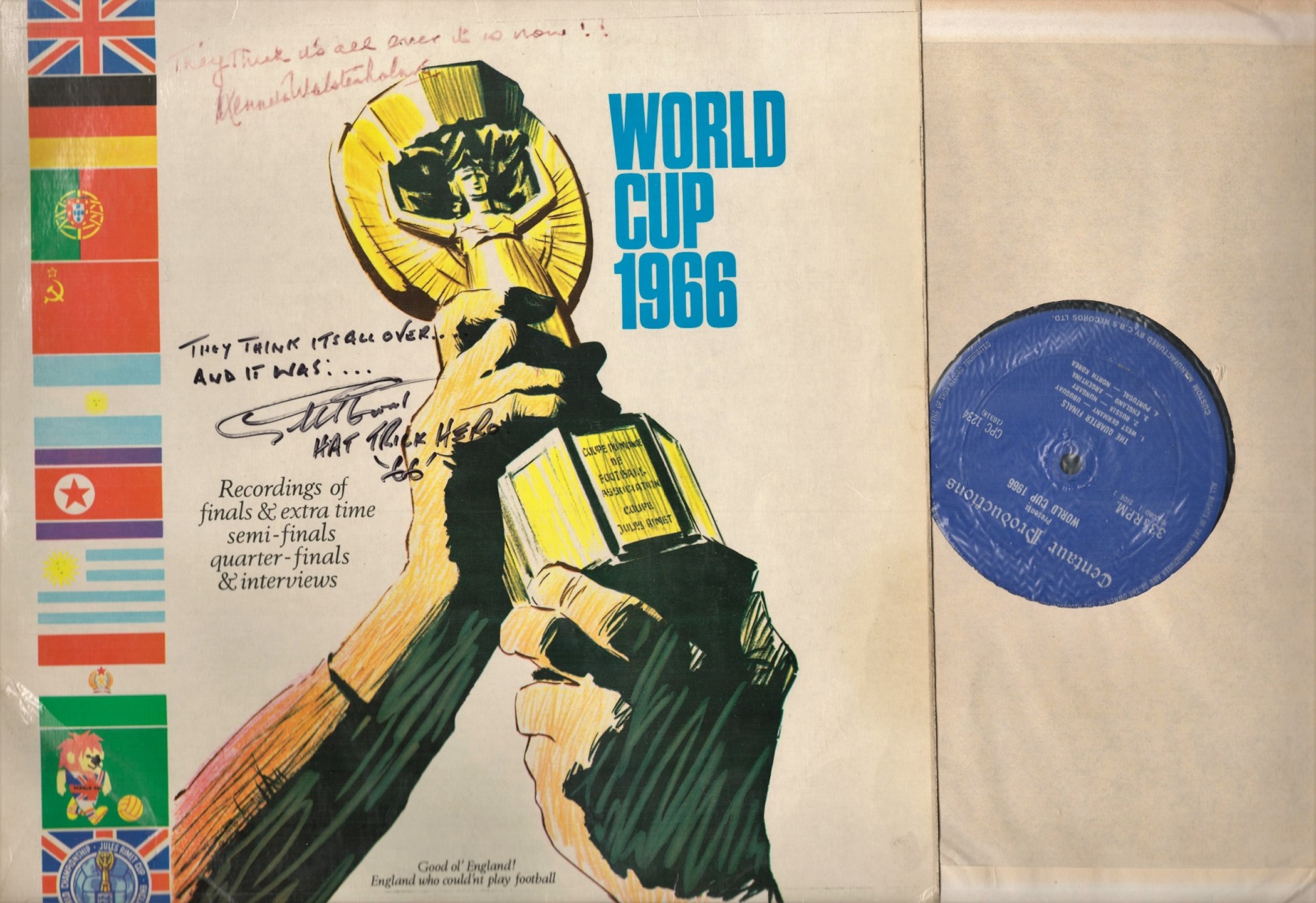 World Cup 1966 multi signed 33rpm Record sleeve 22 fantastic signatures includes Bobby Moore, Alf