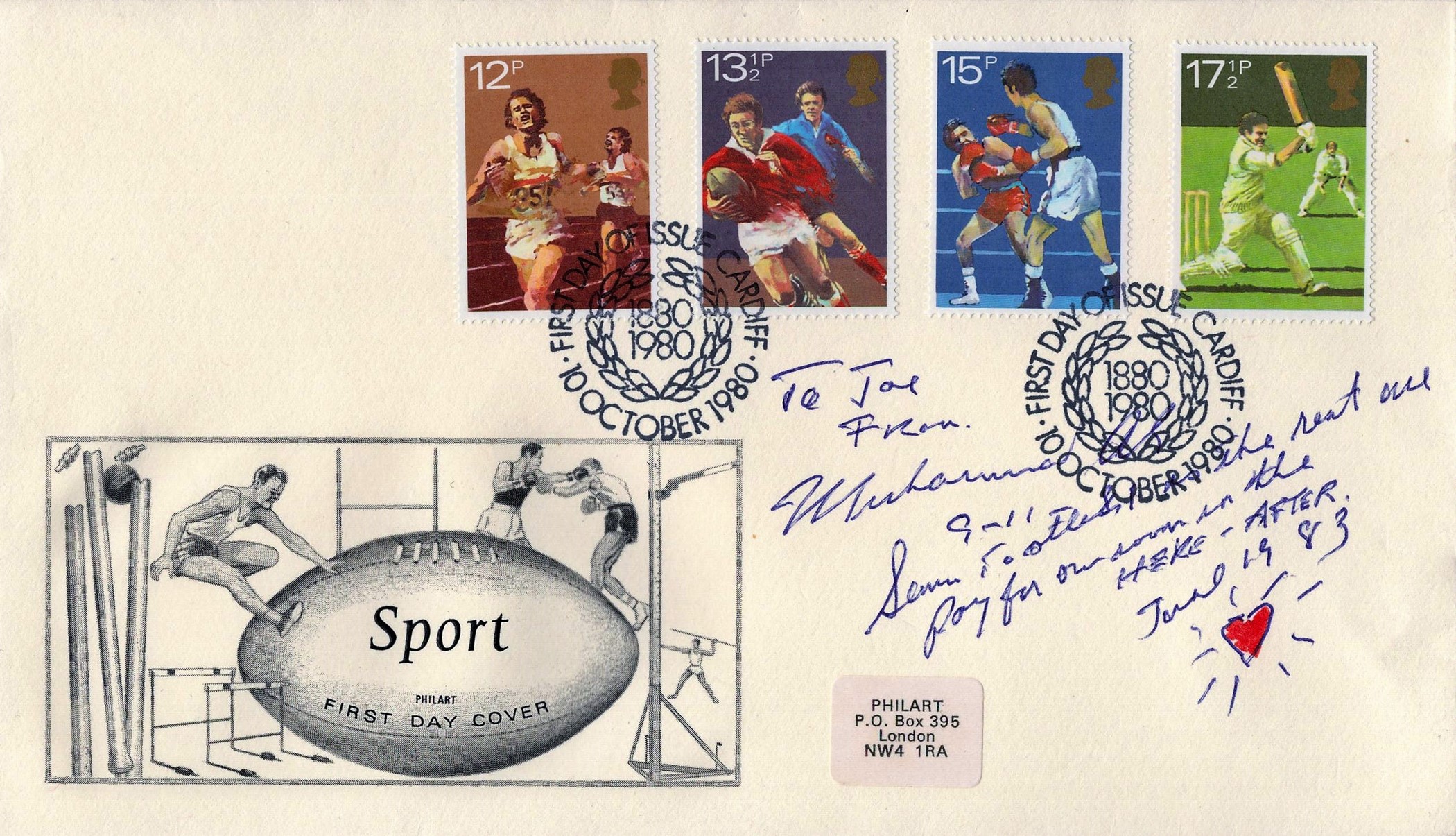 Muhammad Ali signed Sport FDC fantastic cover full set of stamps double PM Cardiff 10th October