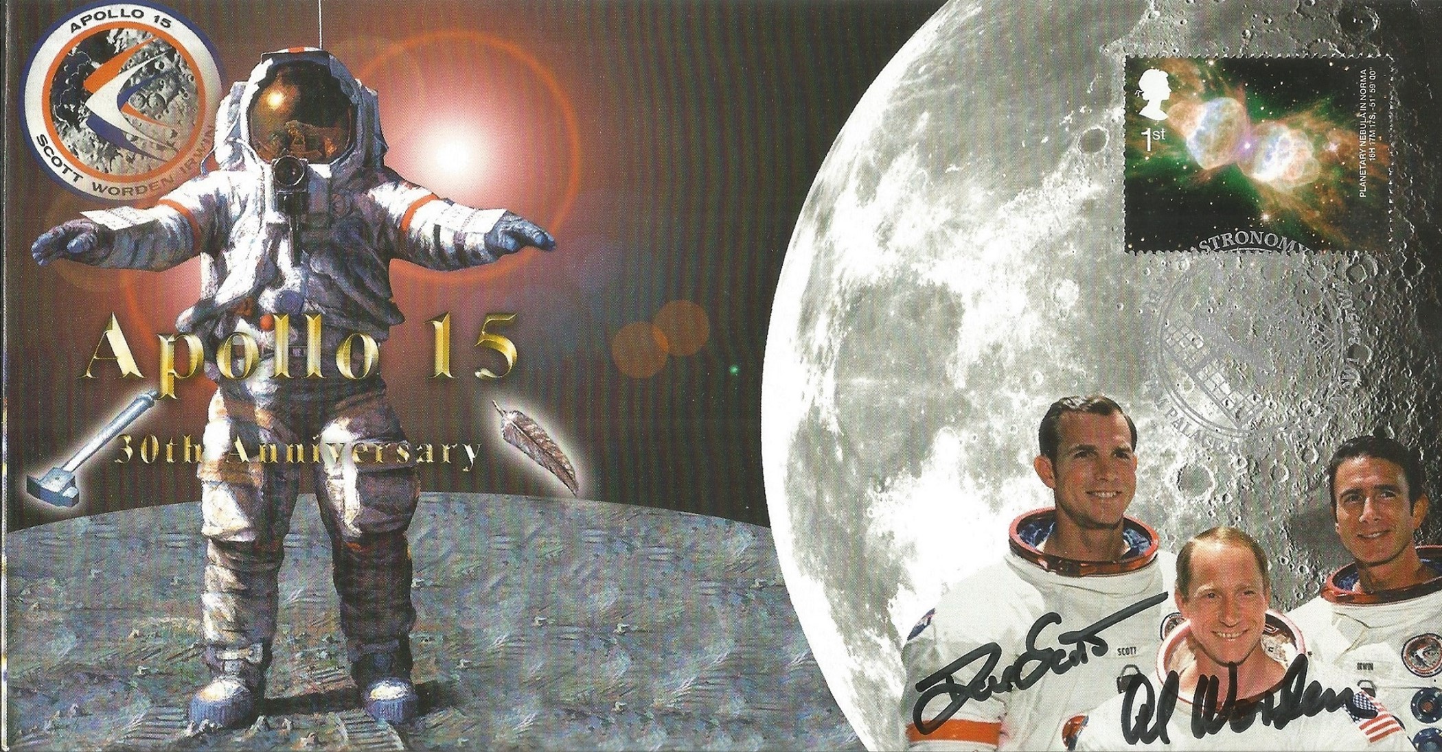 Commander David R Scott and CM Pilot Alfred M. Worden signed Apollo 15 50th Anniversary FDC.