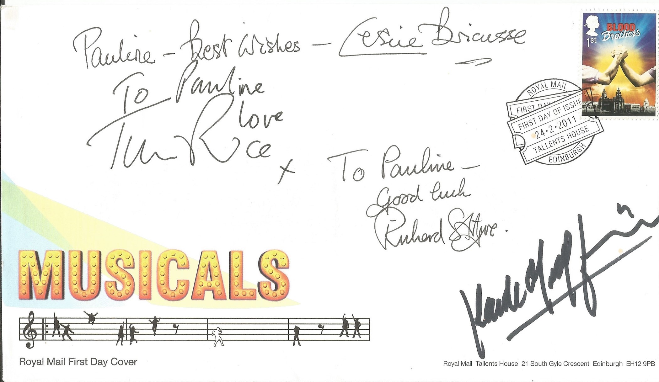 Tim Rice, Leslie Bricusse, Richard Stilgoe and one other signed Musicals Royal Mail FDC PM