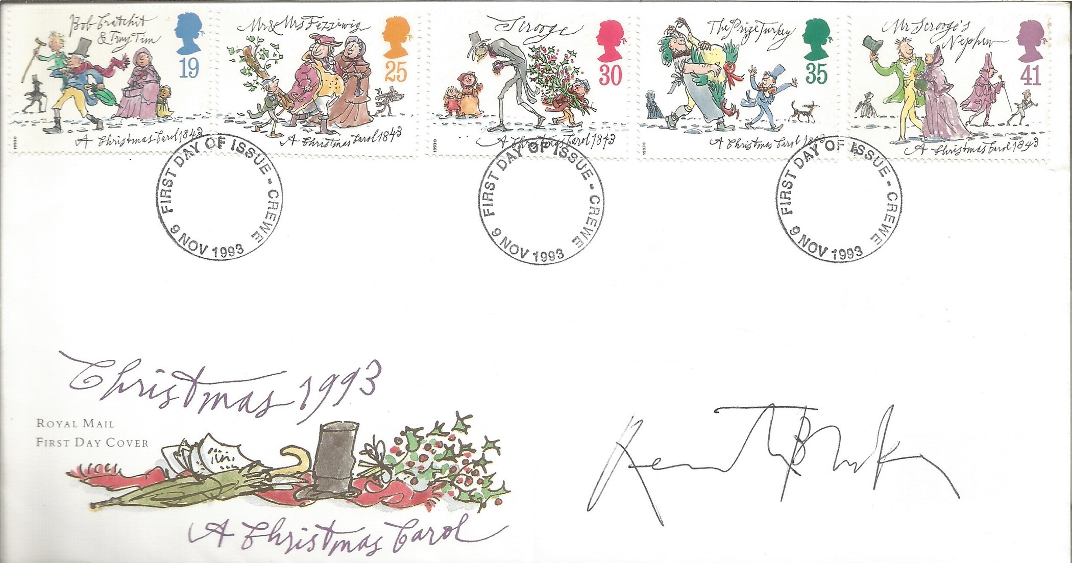 Quentin Blake signed Christmas 1993 Royal Mall FDC Triple PM Crewe 9 Nov 1993. Good condition. All