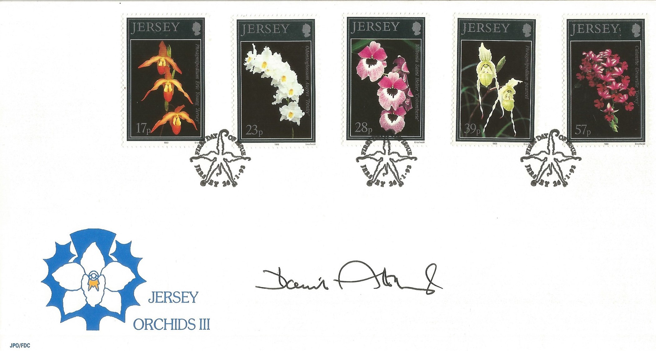David Attenborough signed Jersey Orchids III FDC PM Jersey 24. 1. 93. Good condition. All autographs