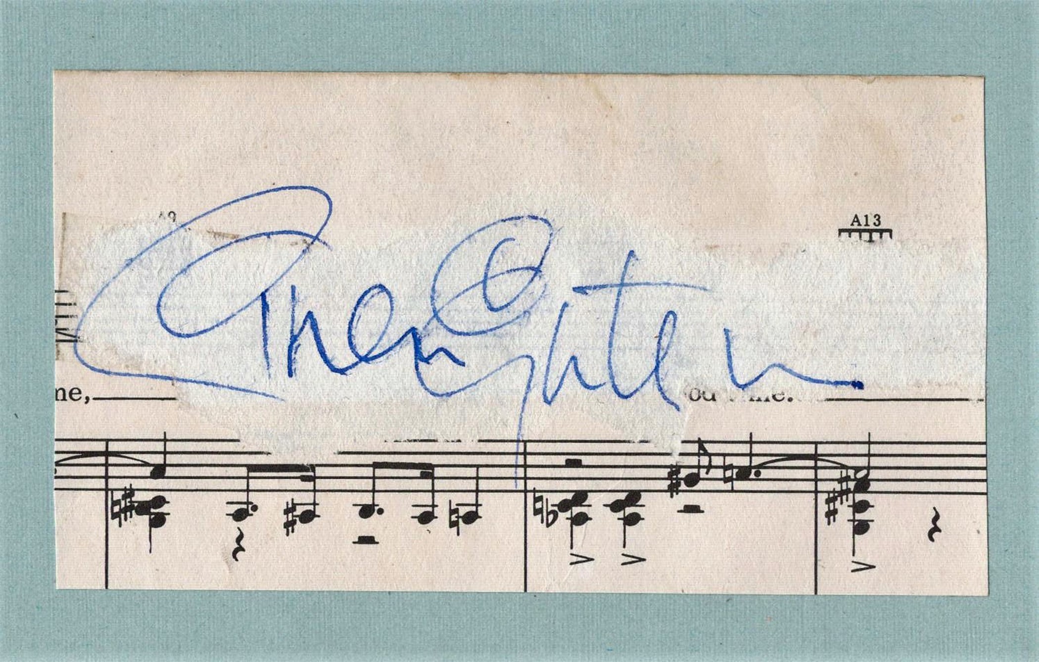 Brian Epstein signed 5x3 music scale cutting mounted on green card. Brian Samuel Epstein, 19