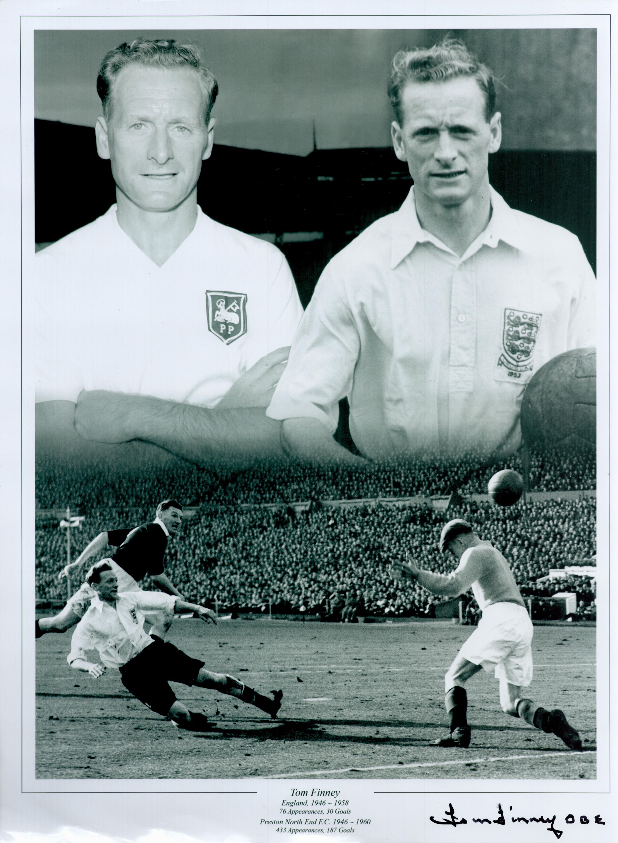 Sir Tom Finney signed two 16x12 superb black and white photos featuring the England and Preston - Image 2 of 2