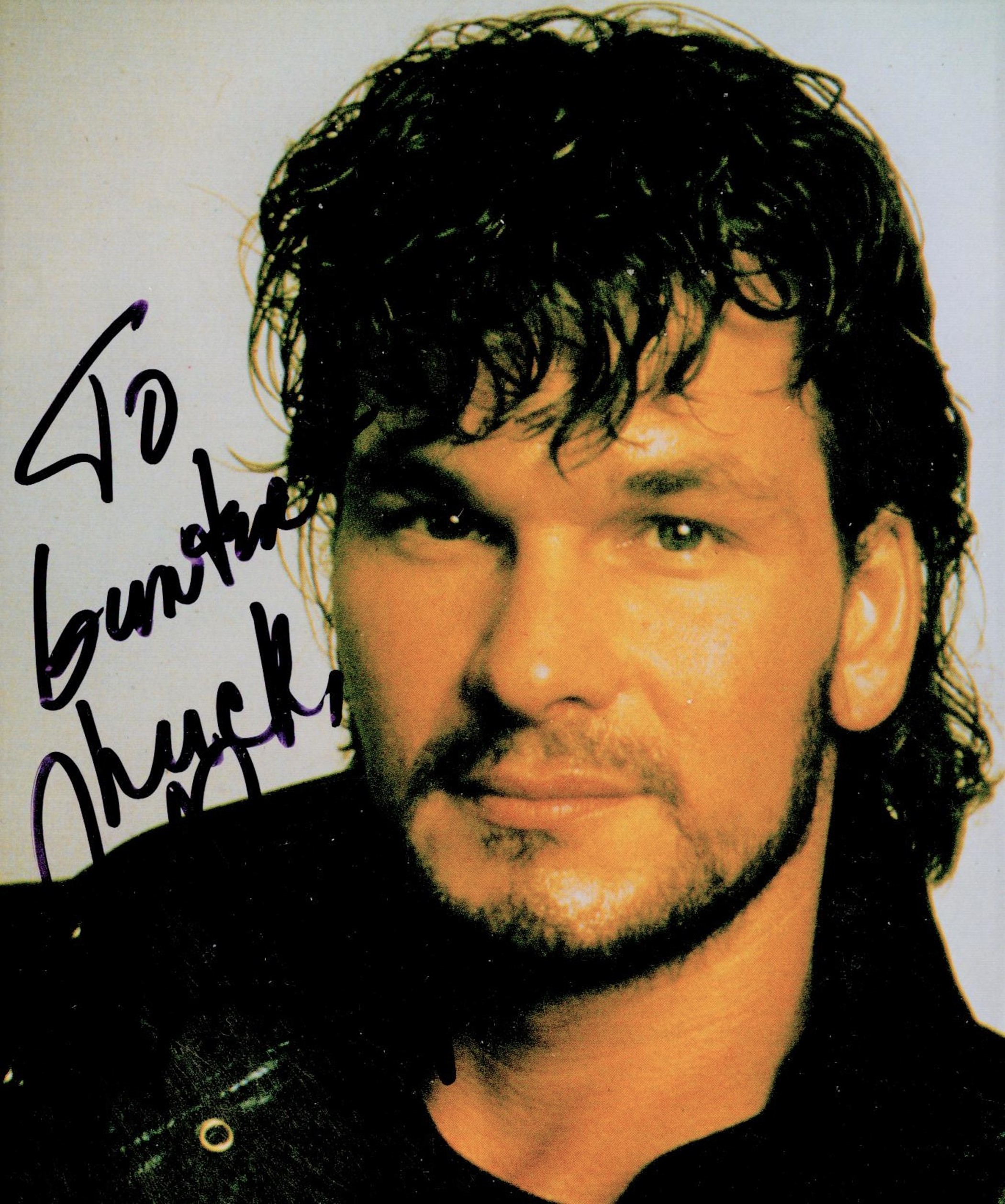 Patrick Swayze signed 7x5 colour photo dedicated. Good condition. All autographs come with a