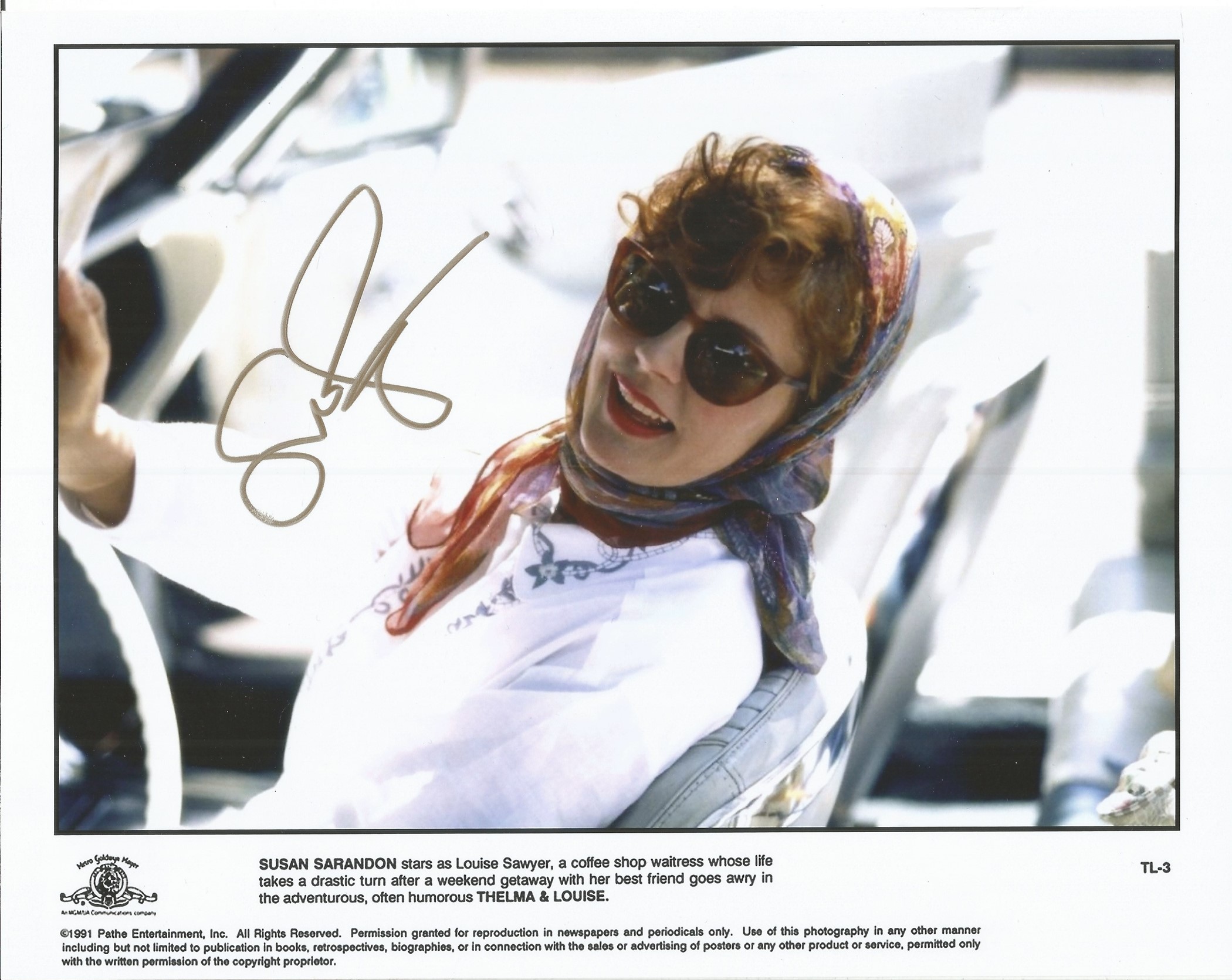 Susan Sarandon signed 12x8 Thelma and Louise colour promo photo. Good condition. All autographs come