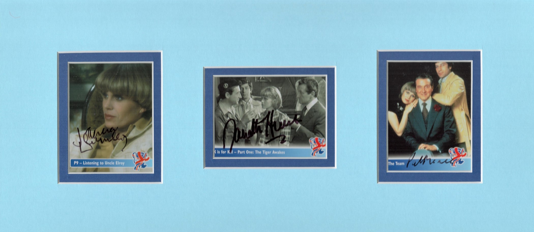 THE NEW AVENGERS 7x16 Mounted Trading Cards signed by Joanna Lumley, Gareth Hunt, 1942-2007, and