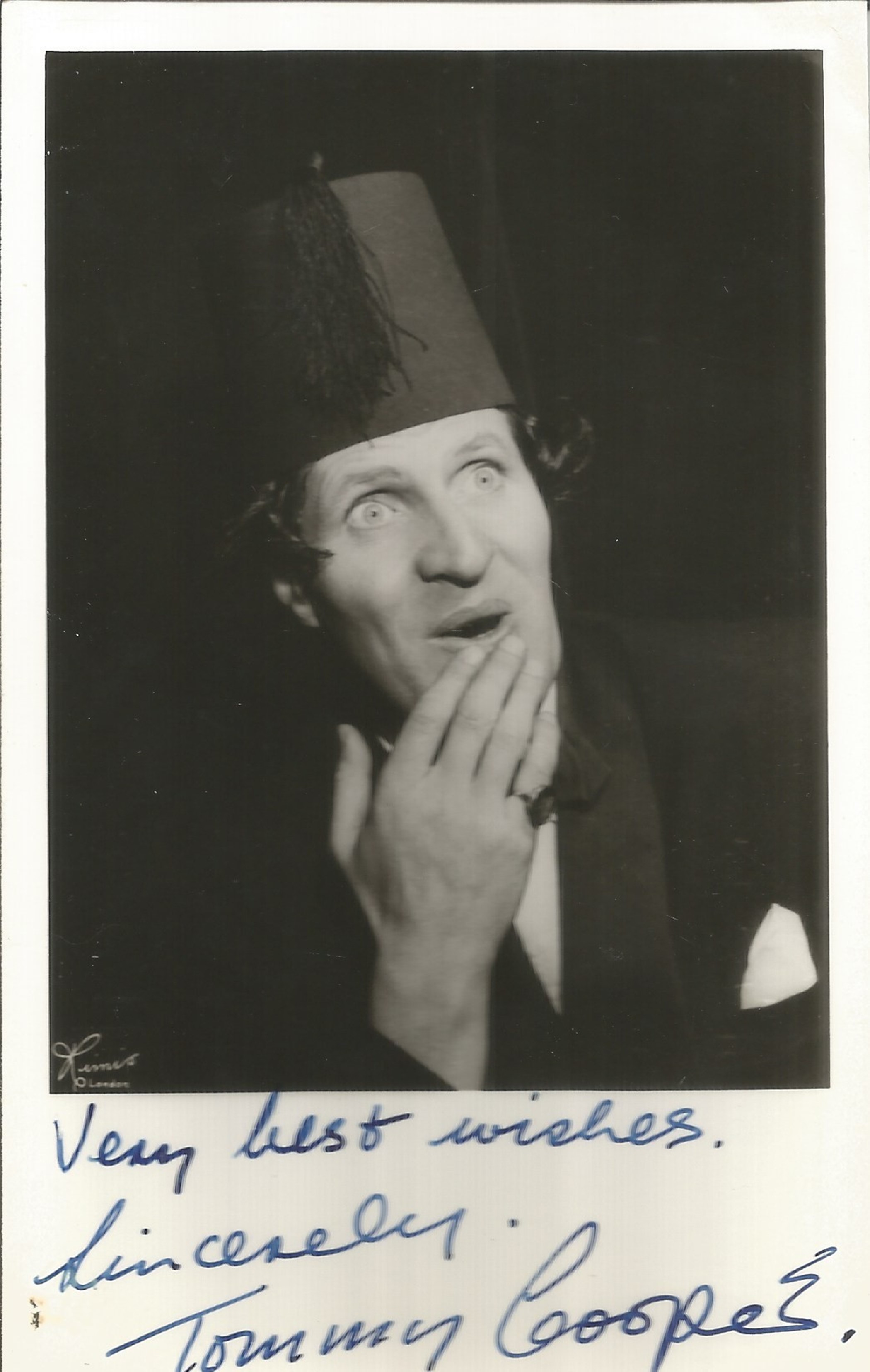 Tommy Cooper signed 6x4 black and white photo. Thomas Frederick Cooper, 19 March 1921 - 15 April