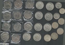Coin collection. 25+ coins included. Amongst the coins are 2 USA 1/2 dollars, 2 Spanish