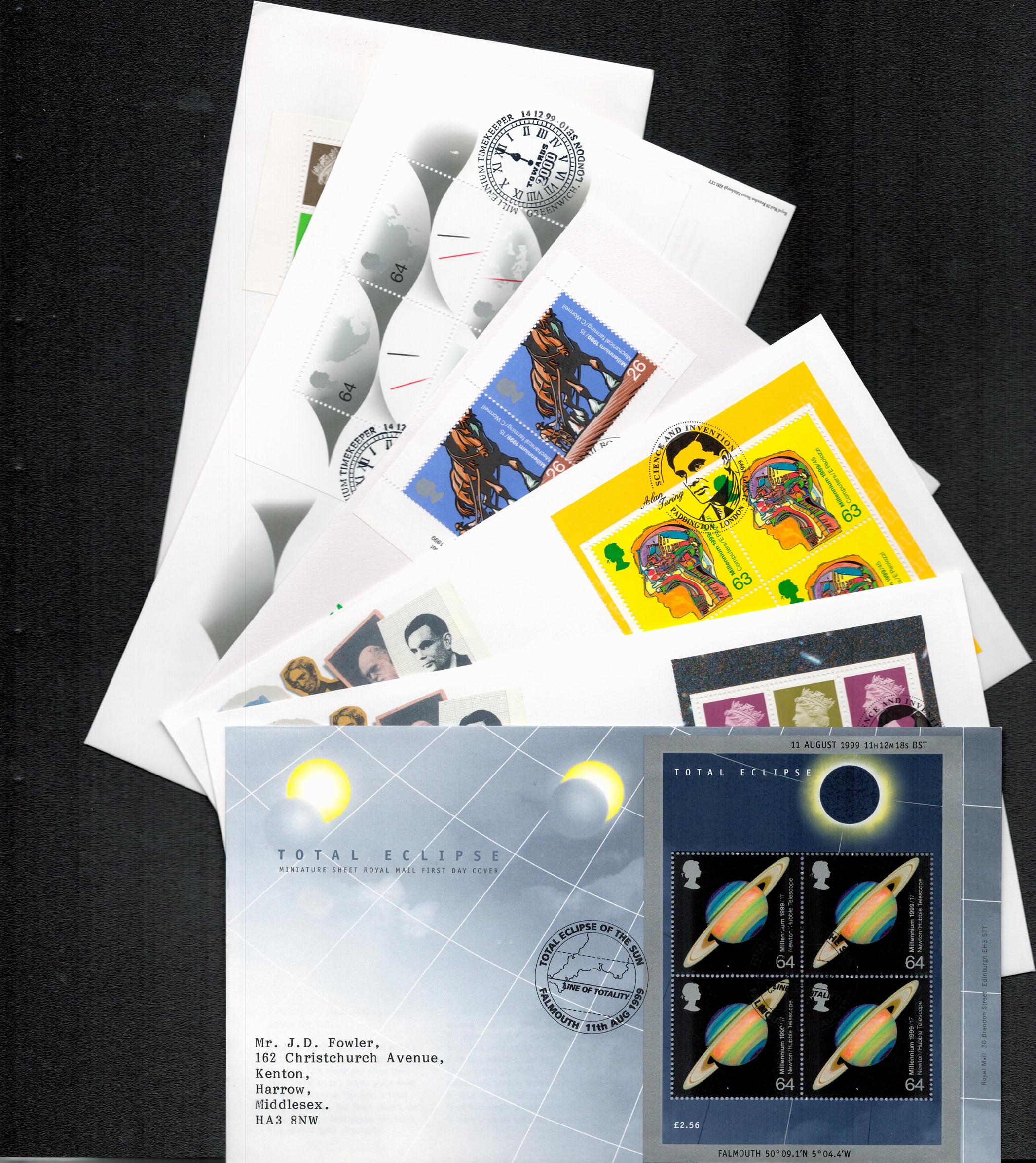 GB FDC collection. 11 included. 1998 /2000. Includes Speed, British scientists, Total eclipse,