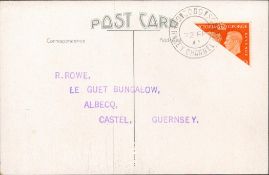 Guernsey postcard with 2nd GB bisected to pay 1d postage to GB. Good postmark 22/2/41. Picture on