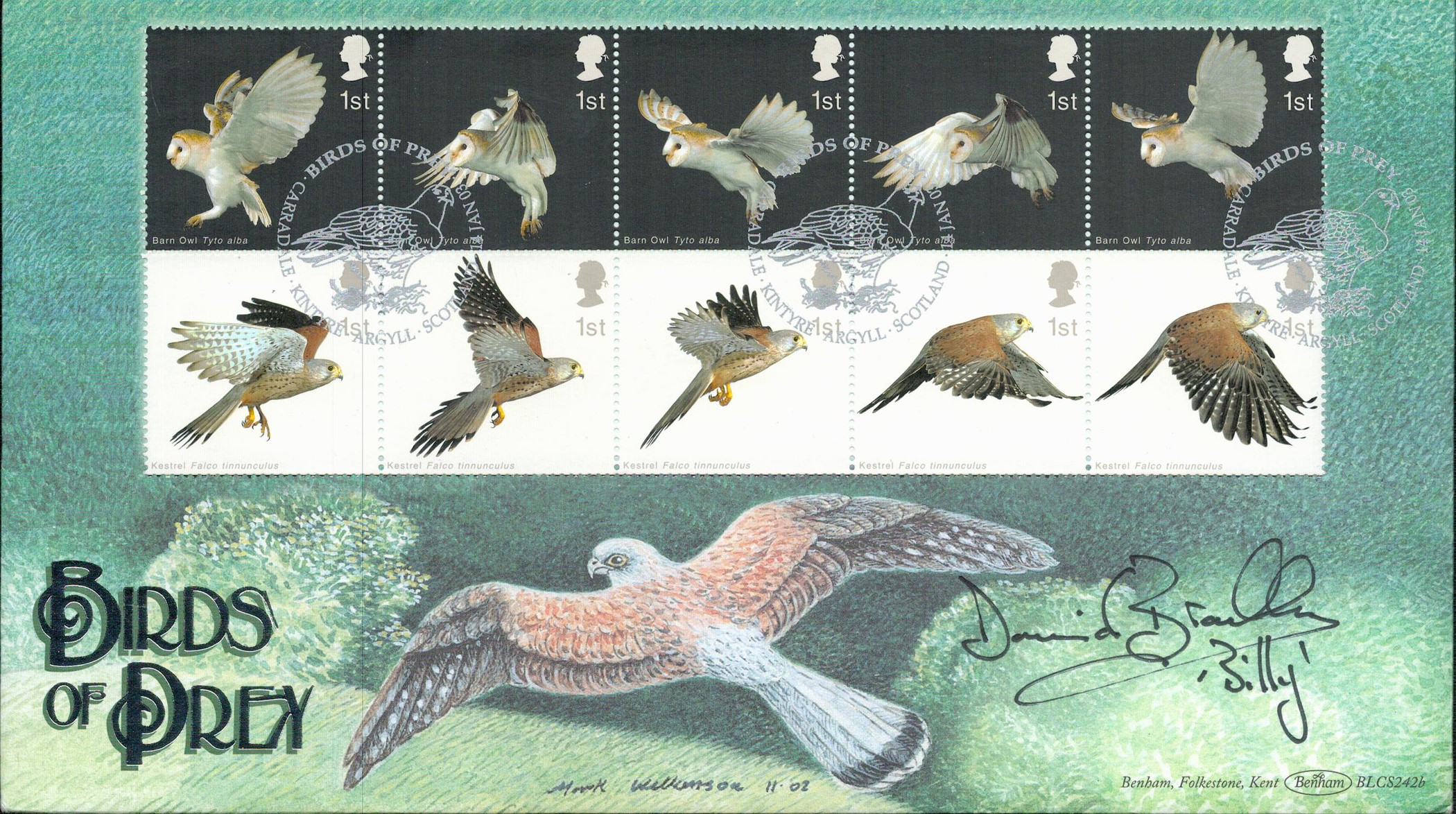 David Bradley signed Benham cover commemorating Birds Of Prey. This beautiful cover features 12