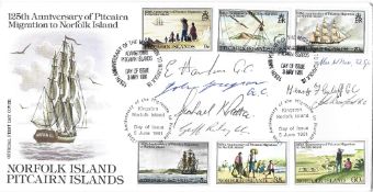 FDC. 125th Anniversary of Pitcairn Migration to Norfolk Island Signed by 7 veterans, 6 whom are