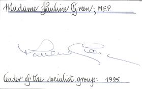 Pauline Green signed 6x4 White Card. Dame Pauline Green, DBE is a former Labour and Cooperative